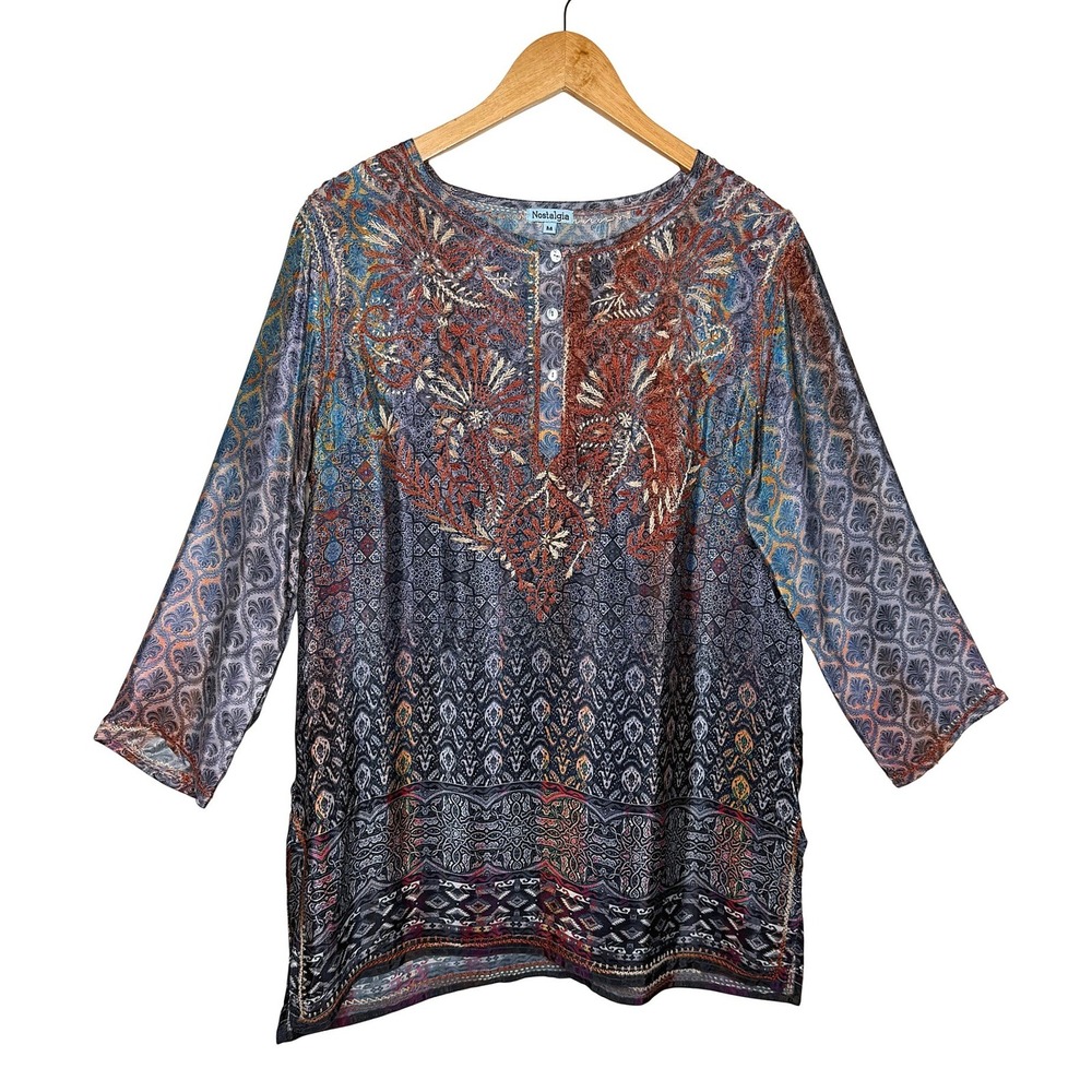 Nostalgia Boho Embroidered Tunic Blouse M Silk Blend Henley Floral Lagenlook Art